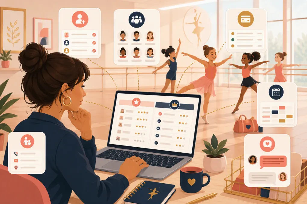 Dance studio owner comparing software for summer camp registration, payments, rosters, and communication