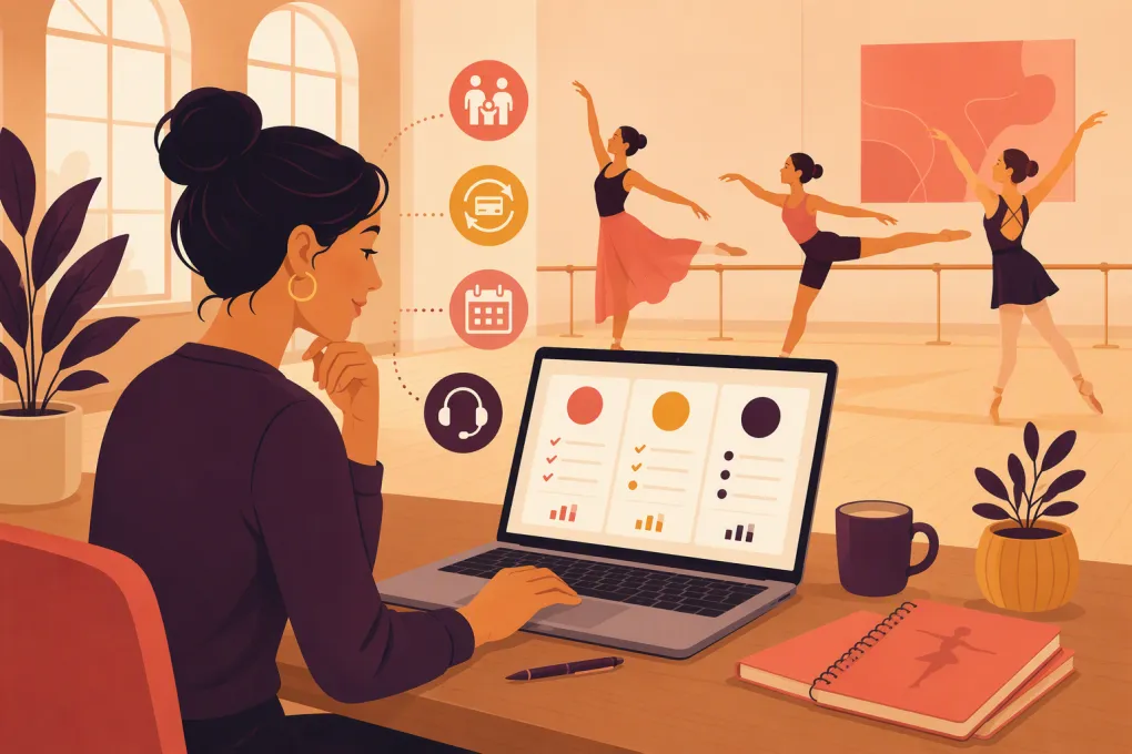 Dance studio operator comparing tuition billing software while dancers rehearse