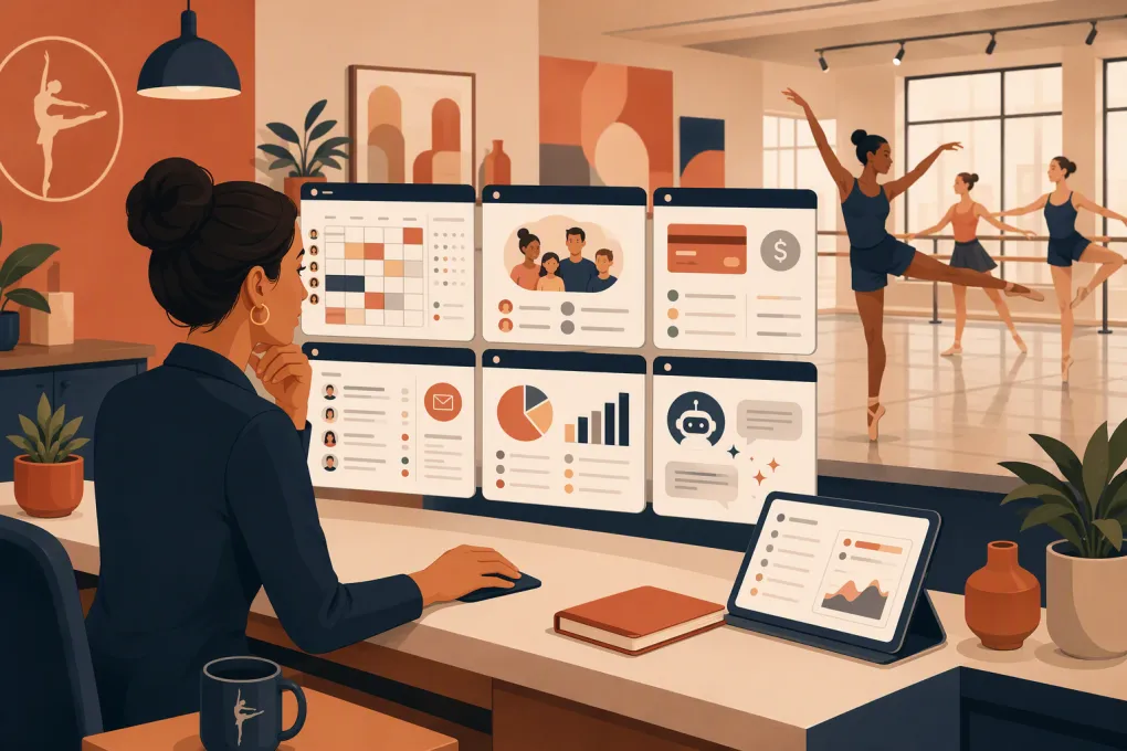 Dance studio owner comparing booking, billing, CRM, reporting, and AI software