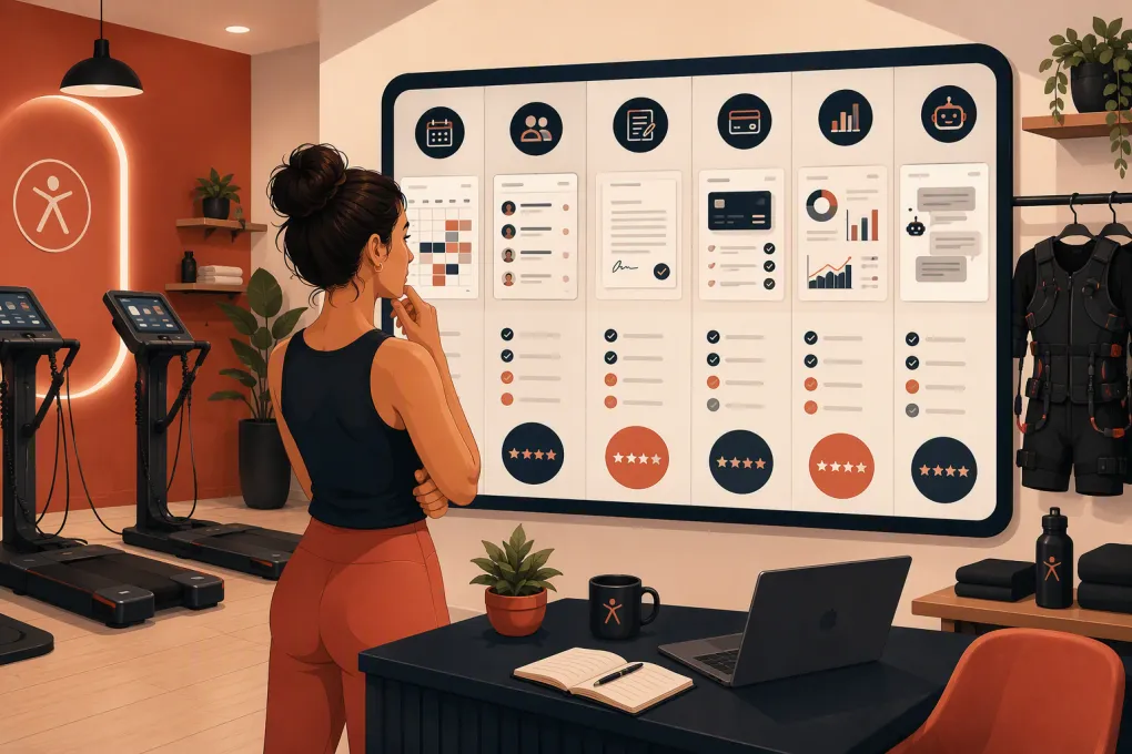 EMS studio owner comparing scheduling, billing, waiver, reporting, and AI software tools