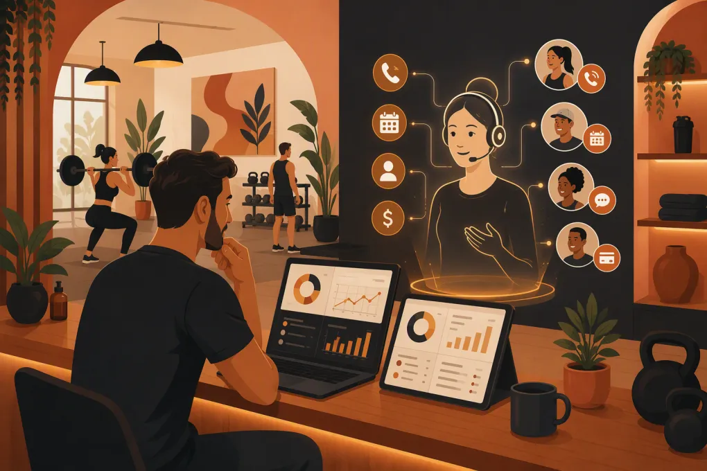 Independent gym owner comparing management software with an AI receptionist handling front-desk tasks