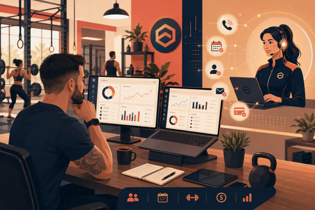 Independent gym owner comparing software while an AI receptionist manages calls and bookings