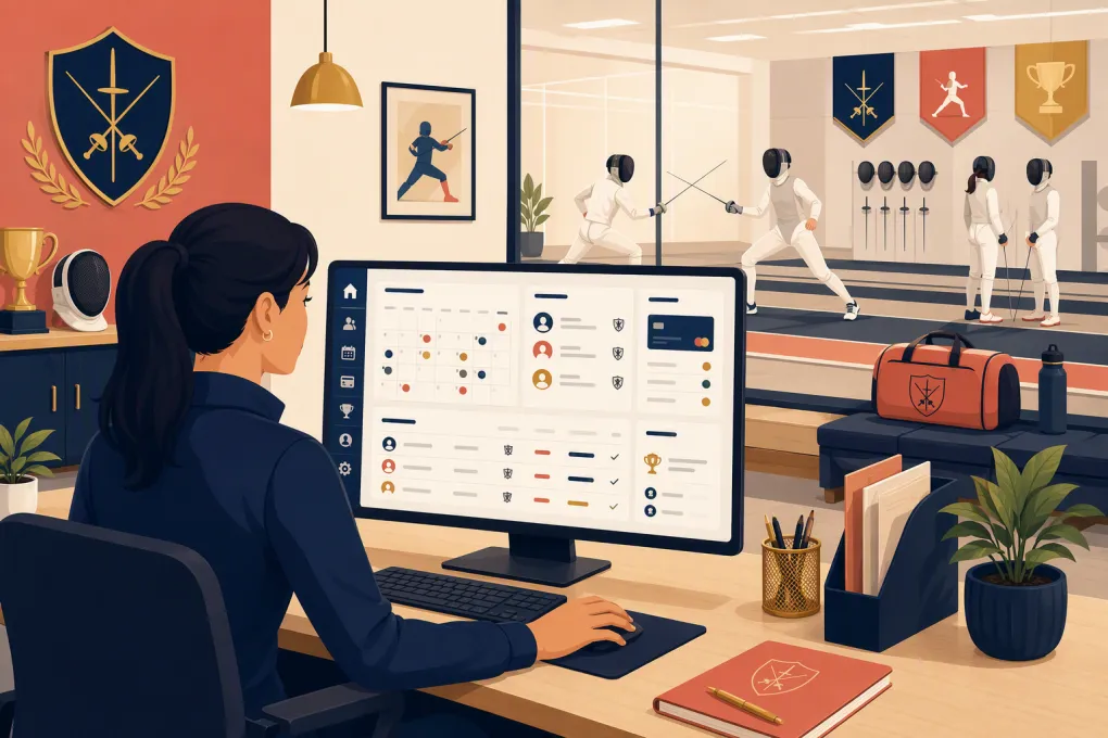 Fencing academy operator managing classes, billing and tournament entries on a software dashboard