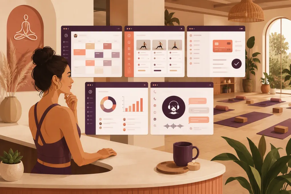 Yoga studio owner comparing booking, payment, and AI receptionist software options