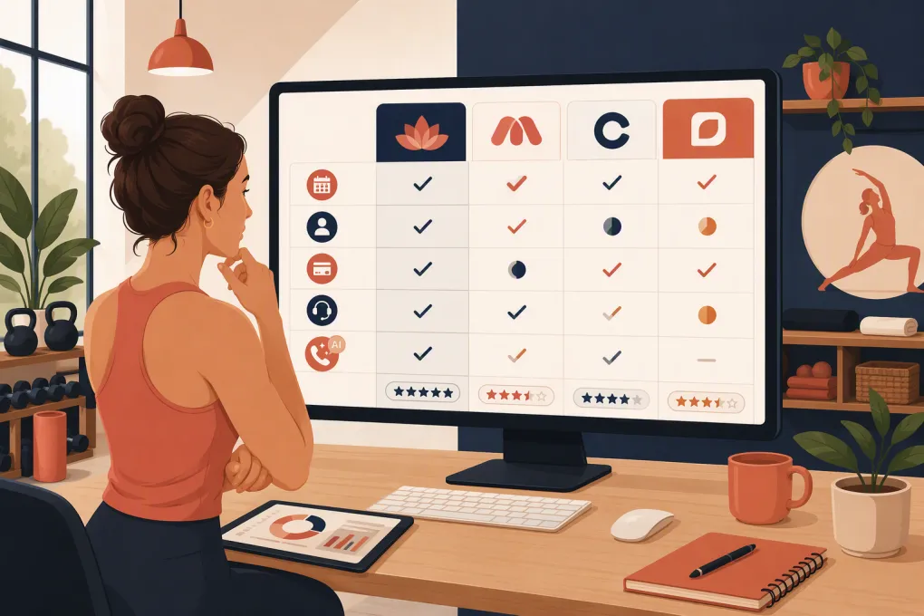 Fitness studio owner comparing scheduling, payment, and automation software