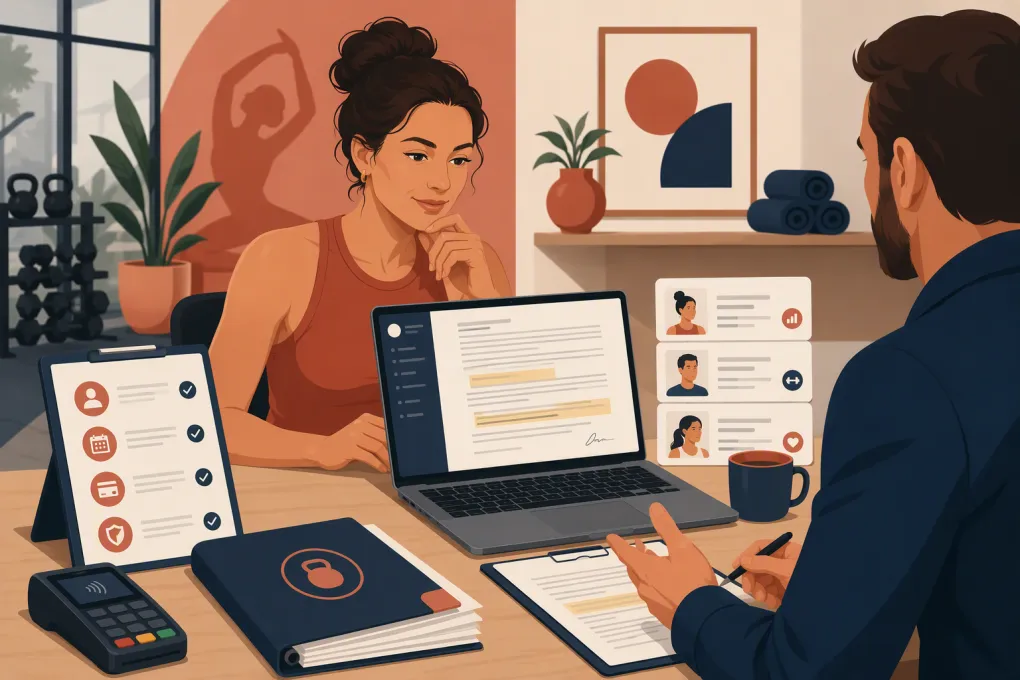 Fitness studio owner reviewing a software contract and implementation checklist