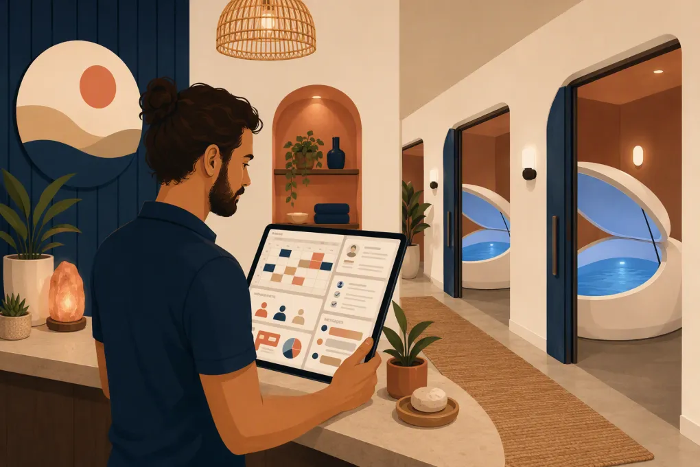 Float center operator reviewing room schedules and customer workflows on a tablet