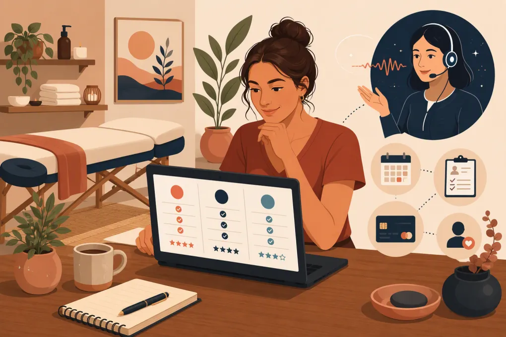 Massage therapist comparing scheduling, client records, payments and AI receptionist software