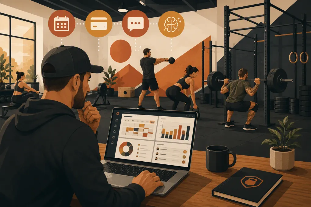 Functional fitness gym owner comparing scheduling, billing, CRM and AI software