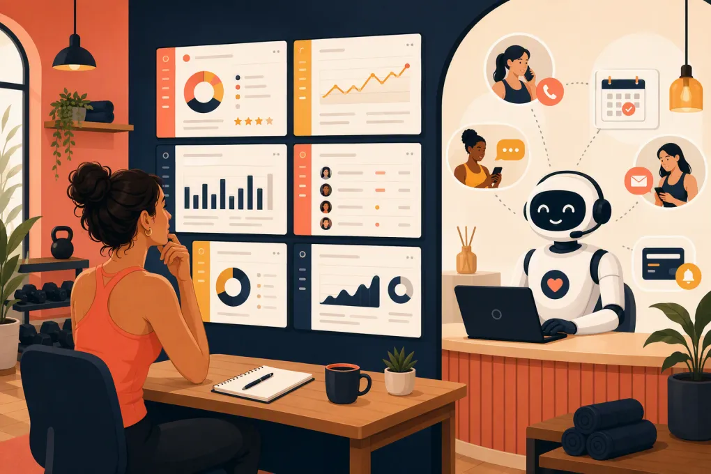 Boutique fitness owner comparing studio software and AI receptionist workflows