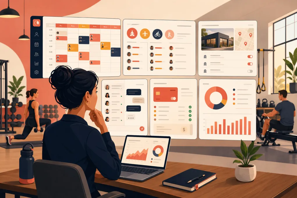 Gym operator comparing booking, CRM and payment software dashboards