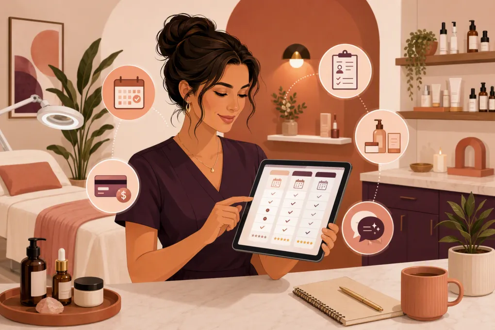 Esthetician comparing booking, payment, and client management platforms on a tablet