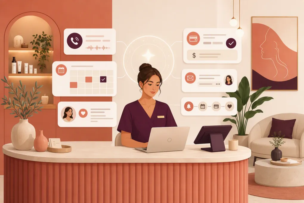 AI receptionist managing appointments, calls, and payments for a modern med spa