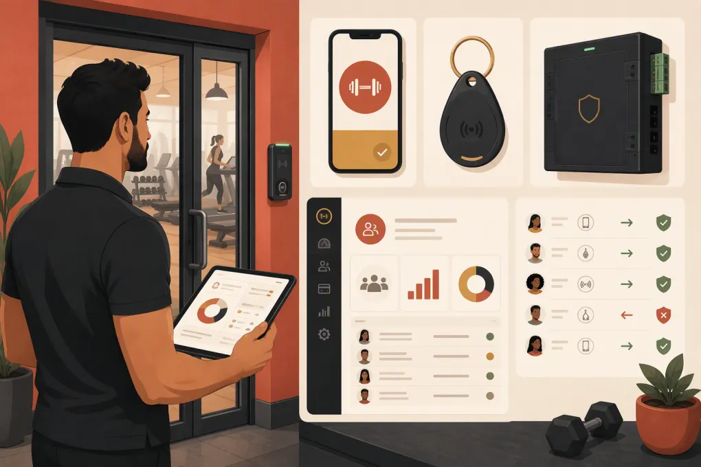 Gym operator comparing door hardware with membership and access-control software