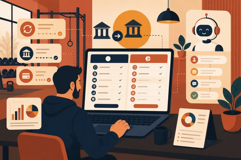 Gym operator comparing payment, reporting, and automation features in billing software