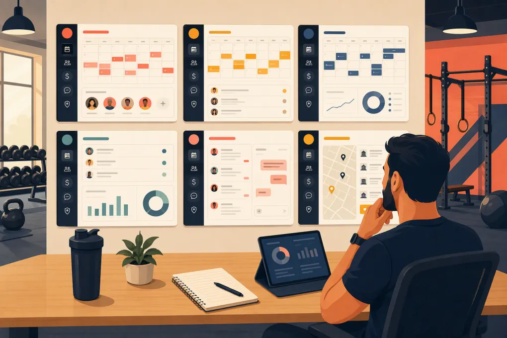 Gym operator comparing booking, billing, CRM, and scheduling software dashboards