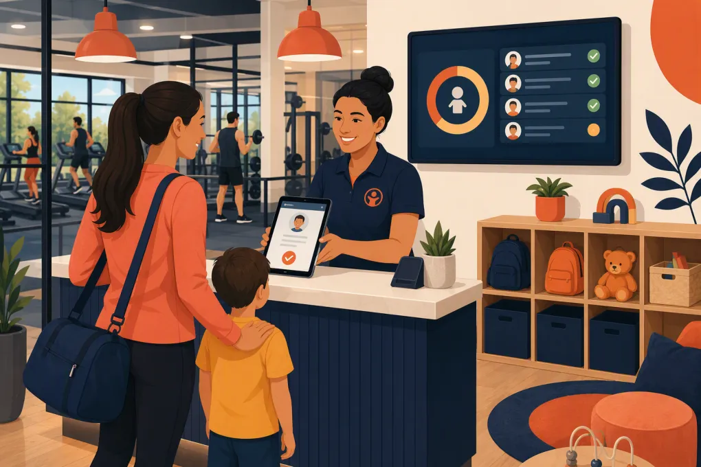 Parent checking a child into a gym childcare area using a secure digital system