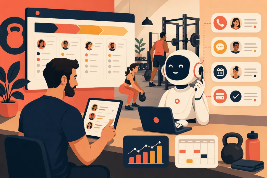 Gym operator using a CRM while an AI receptionist handles leads, bookings, and follow-up