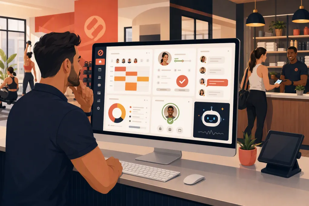 Gym owner evaluating booking, billing, check-in and AI front desk software