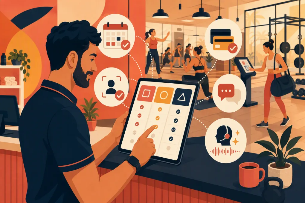 Gym operator comparing scheduling, billing, CRM, mobile, and AI management tools