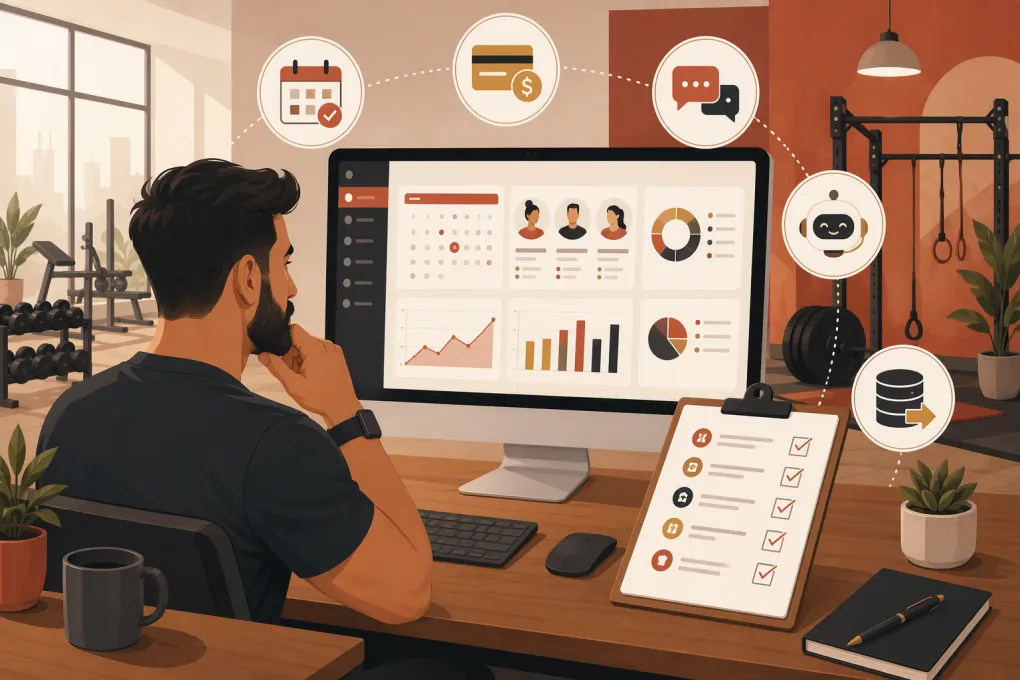 Gym operator reviewing booking, billing, AI, and reporting software against a demo checklist