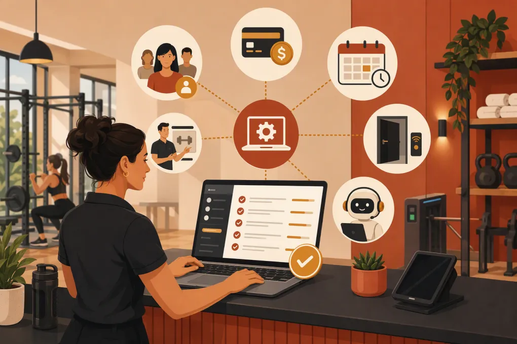 Gym operator reviewing a software implementation checklist with billing, scheduling, and AI tools