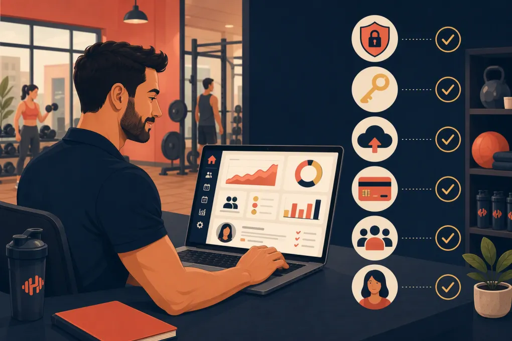 Gym operator reviewing software security controls for member data, payments and staff access