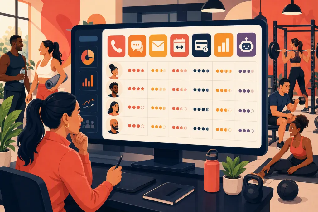 Gym operator comparing software for calls, texts, booking, billing, and member follow-up