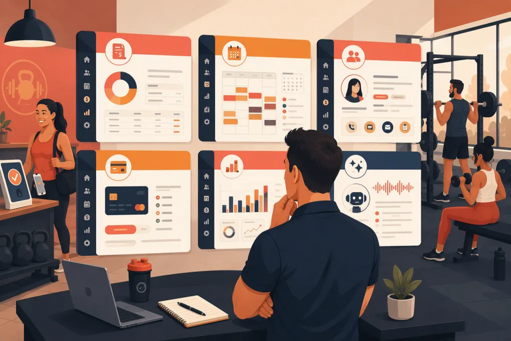 Gym operator comparing software for billing, scheduling, CRM, payments, and AI-assisted calls