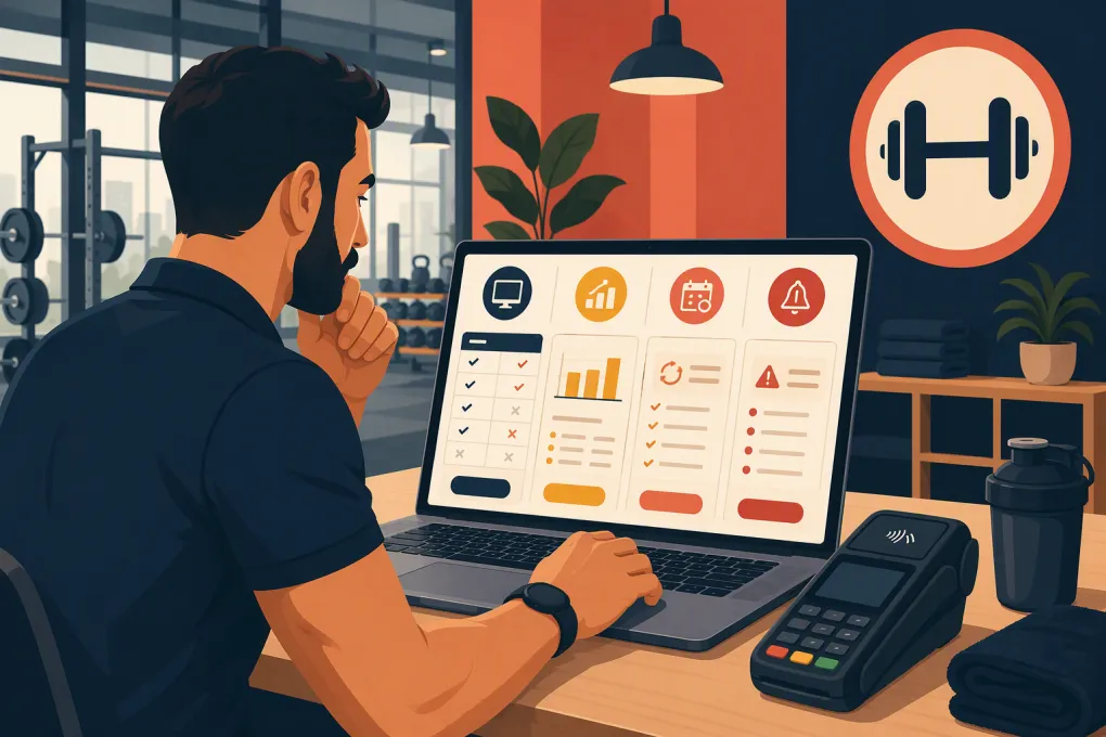Gym operator comparing recurring billing, payment alerts, and payout reports