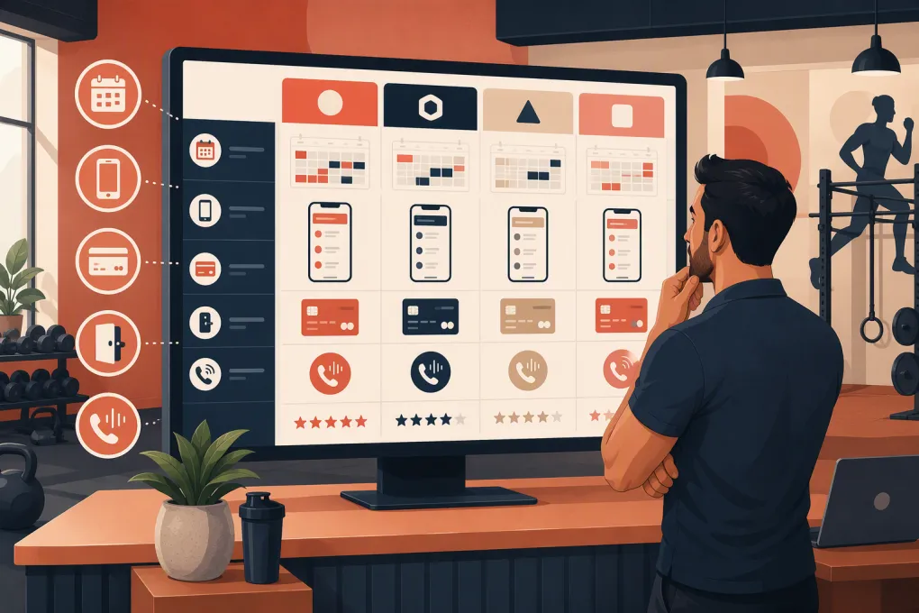 Gym operator comparing scheduling, billing, mobile app and AI receptionist features