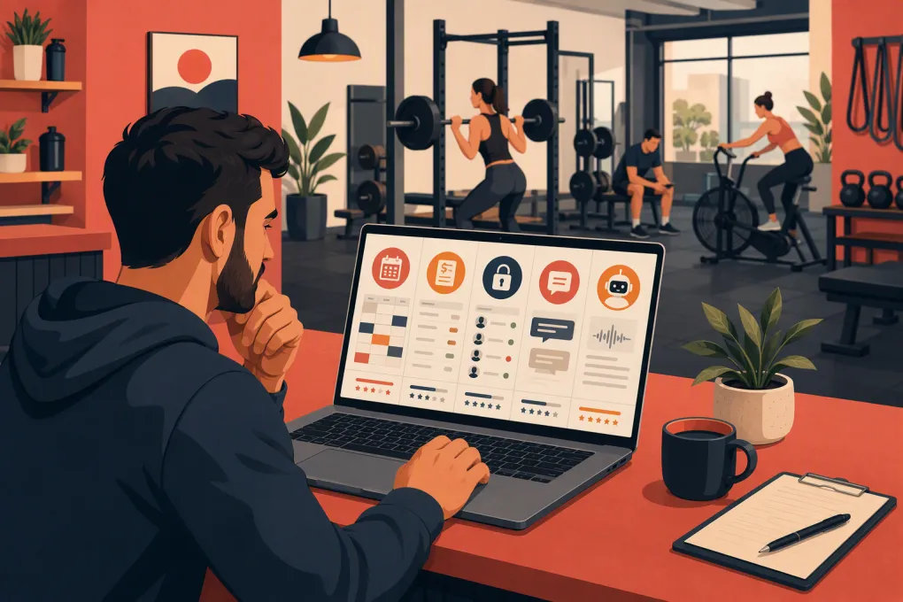 Small gym owner comparing booking, billing, access, and AI receptionist software