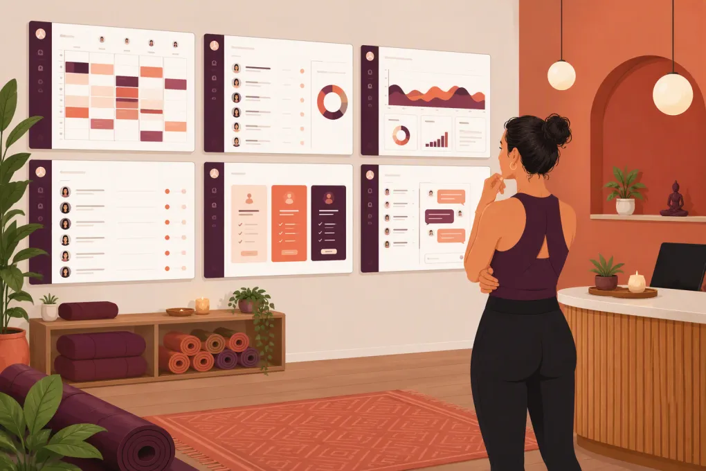 Yoga studio owner comparing scheduling, membership and communication software