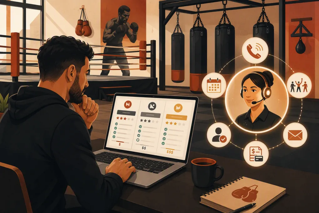 Boxing gym owner comparing software while an AI receptionist manages inquiries and bookings