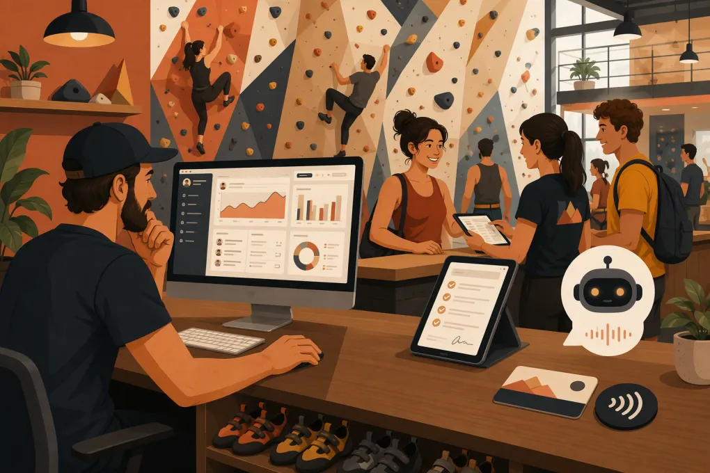 Climbing gym operator comparing management platforms at a busy front desk