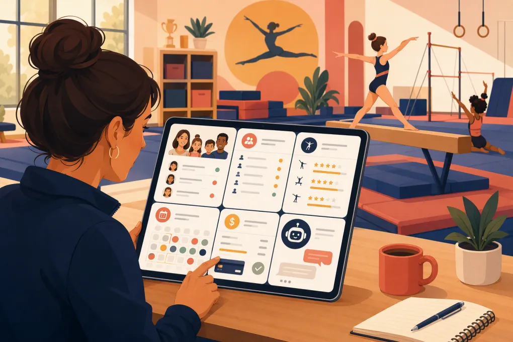 Gymnastics school operator comparing enrollment, billing, skill tracking, and AI receptionist software