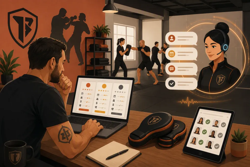 Krav Maga school owner comparing management software beside a training floor
