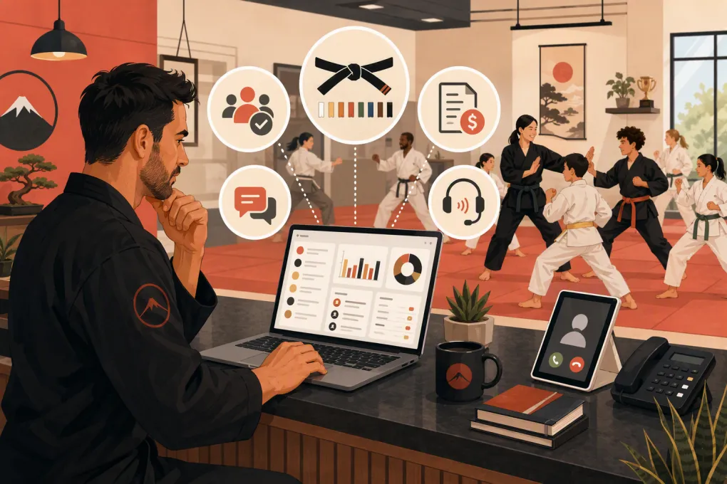 Martial arts school owner comparing membership, billing, rank tracking, and front-desk software