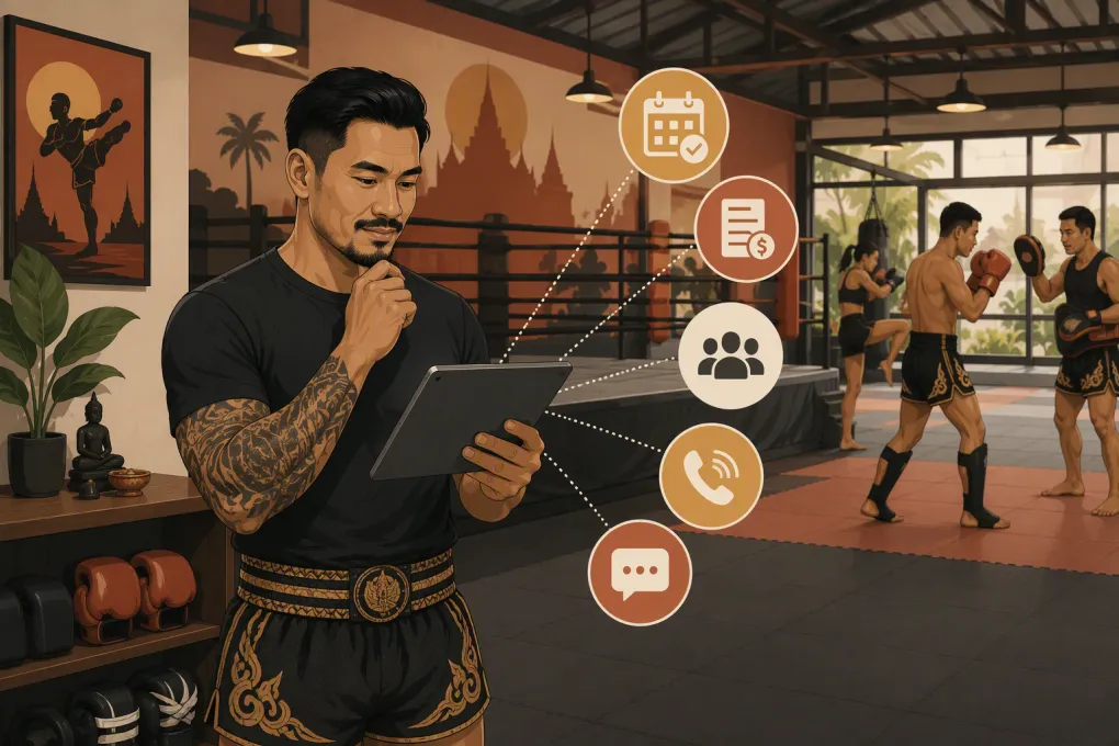 Muay Thai gym owner comparing software for booking, billing, attendance, and lead management