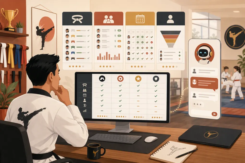 Taekwondo owner comparing school software for ranks, billing, attendance and leads