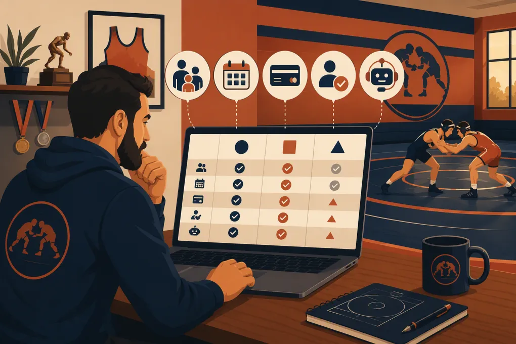 Wrestling gym owner comparing scheduling, billing and member management software