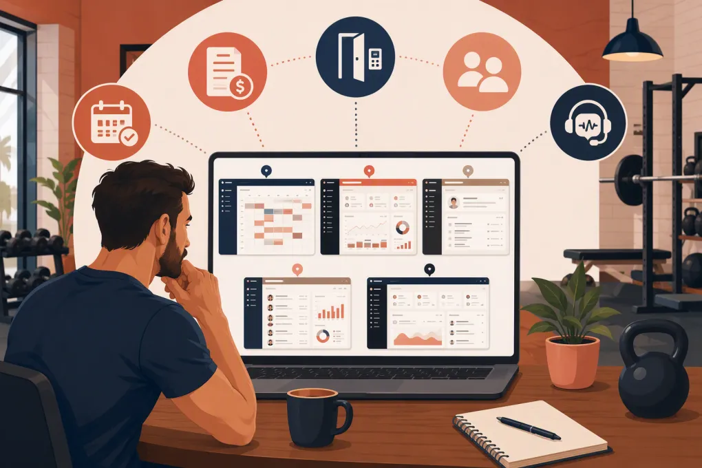 Independent gym owner comparing booking, billing, access and AI software options