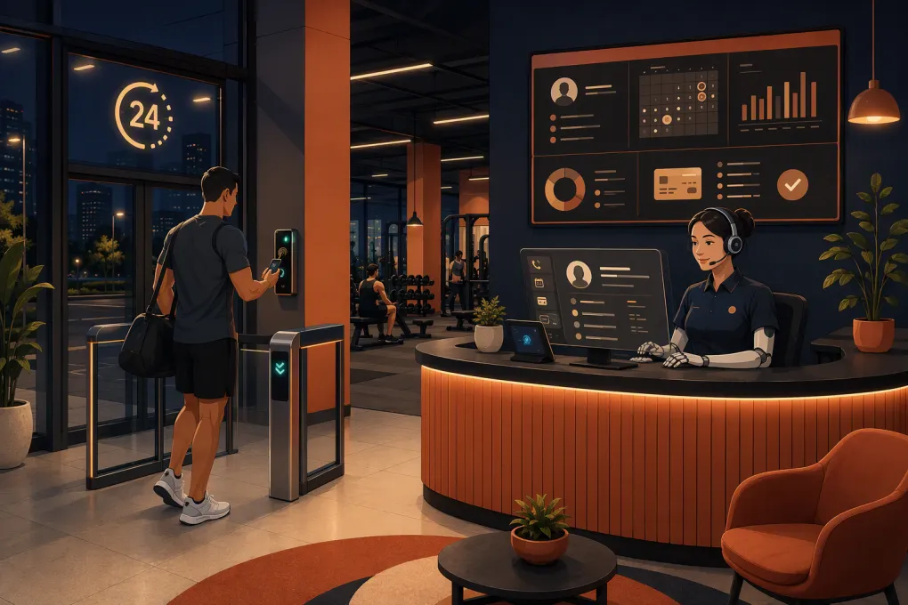 Member entering a 24-hour gym while an AI system handles calls, bookings, and billing