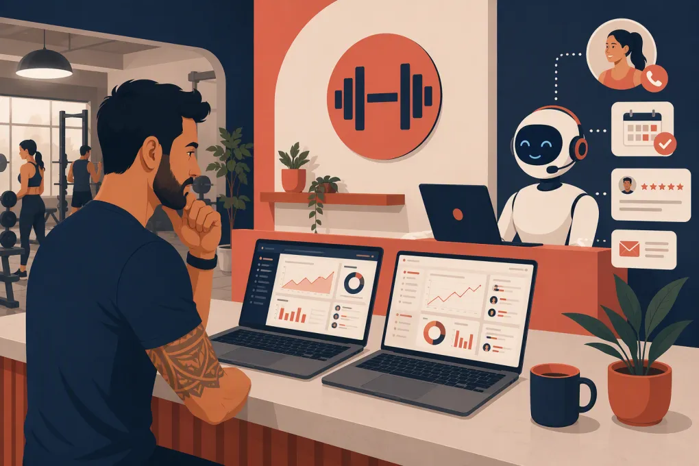 Independent gym owner comparing software while an AI receptionist handles member inquiries