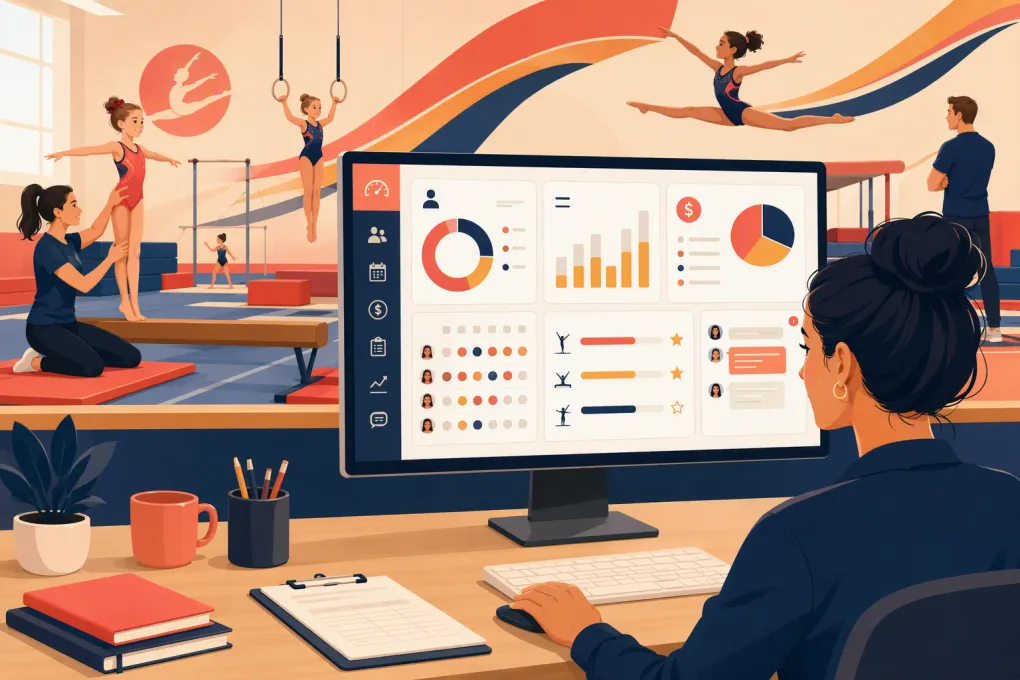 Gymnastics operator reviewing enrollment, schedules, billing and attendance software