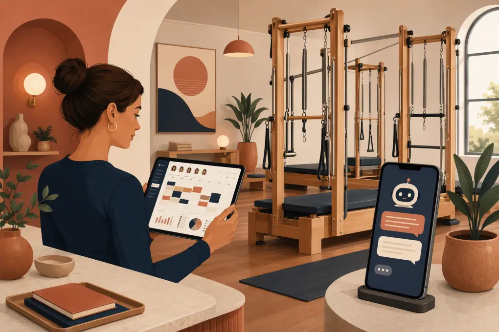 Movement studio owner using scheduling software beside pulley-based exercise equipment