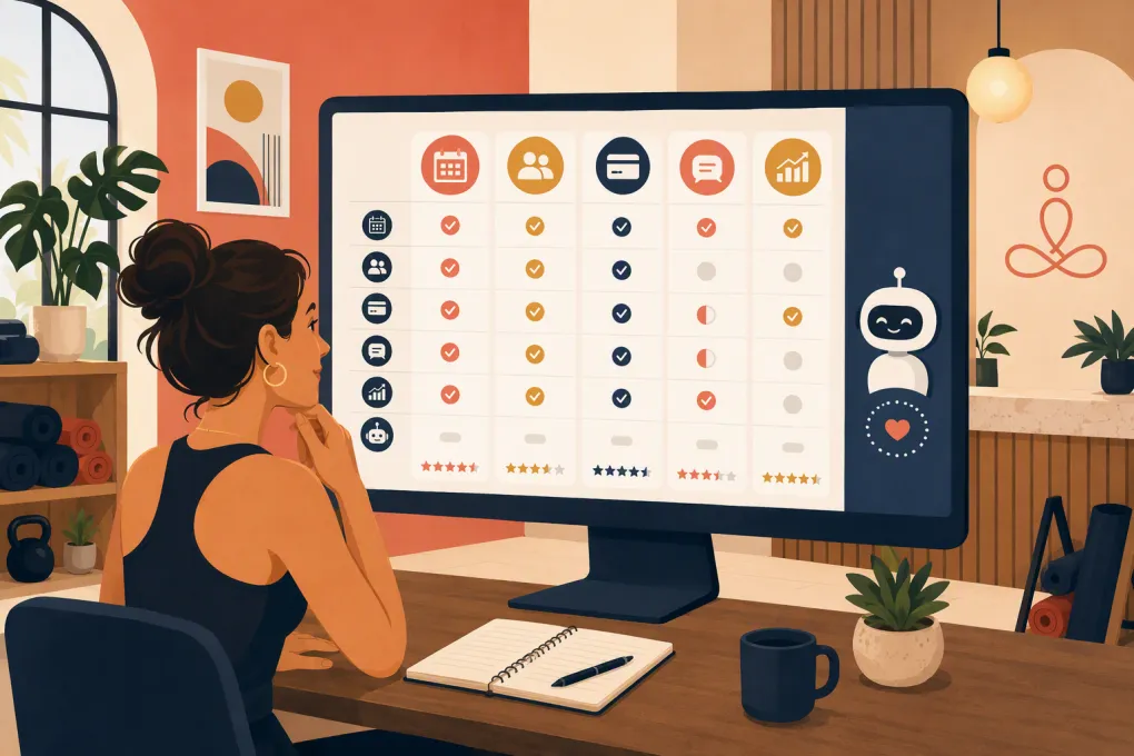 Boutique fitness owner comparing booking, CRM, payment, and AI software platforms