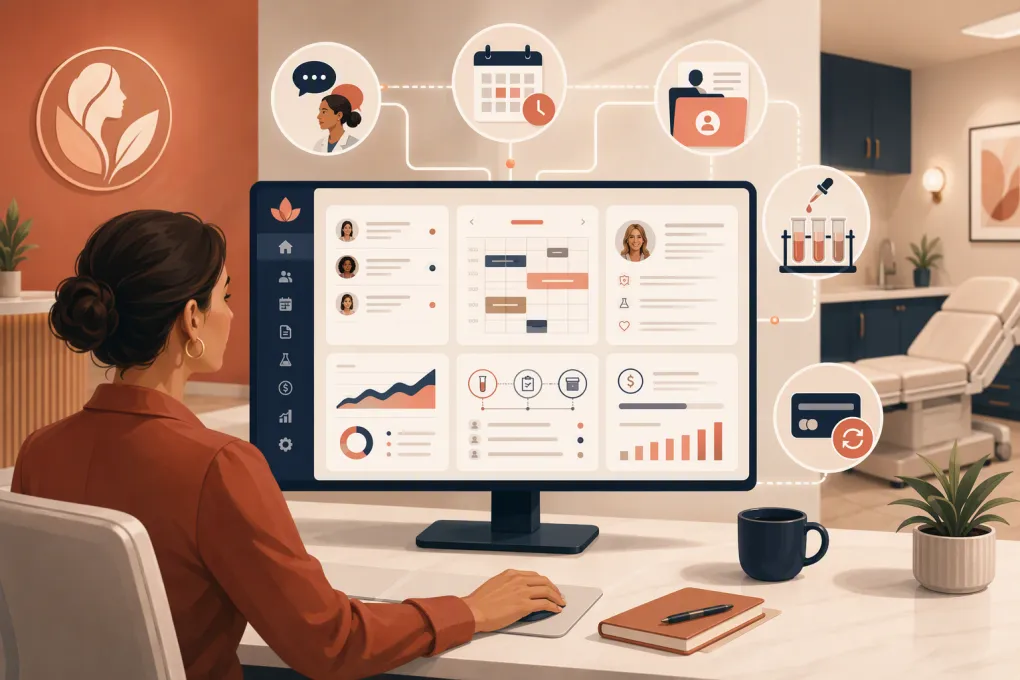 Hormone clinic operator managing scheduling, records, labs and patient communication from one dashboard