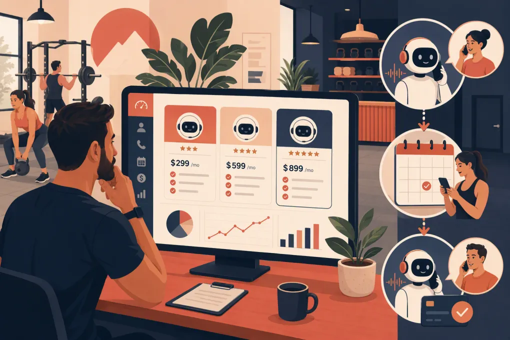 Gym owner comparing AI receptionist costs, bookings, and follow-up workflows