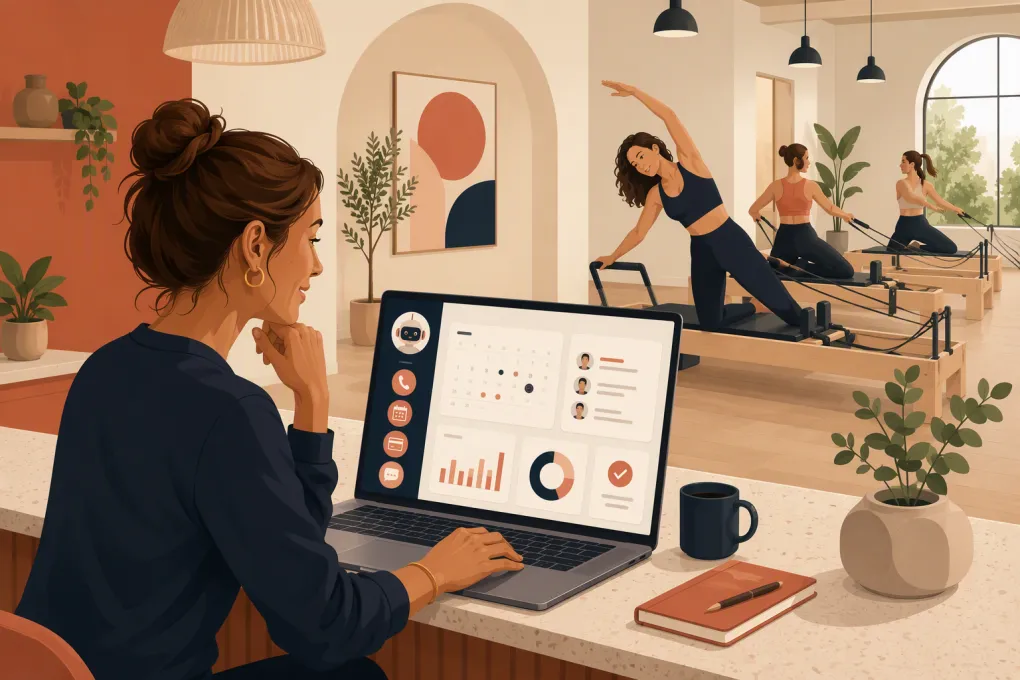 Pilates studio owner reviewing an AI receptionist dashboard beside a reformer class